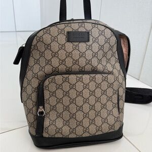Gucci Beige GG Canvas Backpack with Black Trim